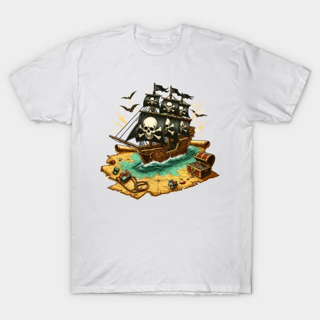 Pirate Ship, Sailing On A Treasure Map T-Shirt by Vehicles-Art